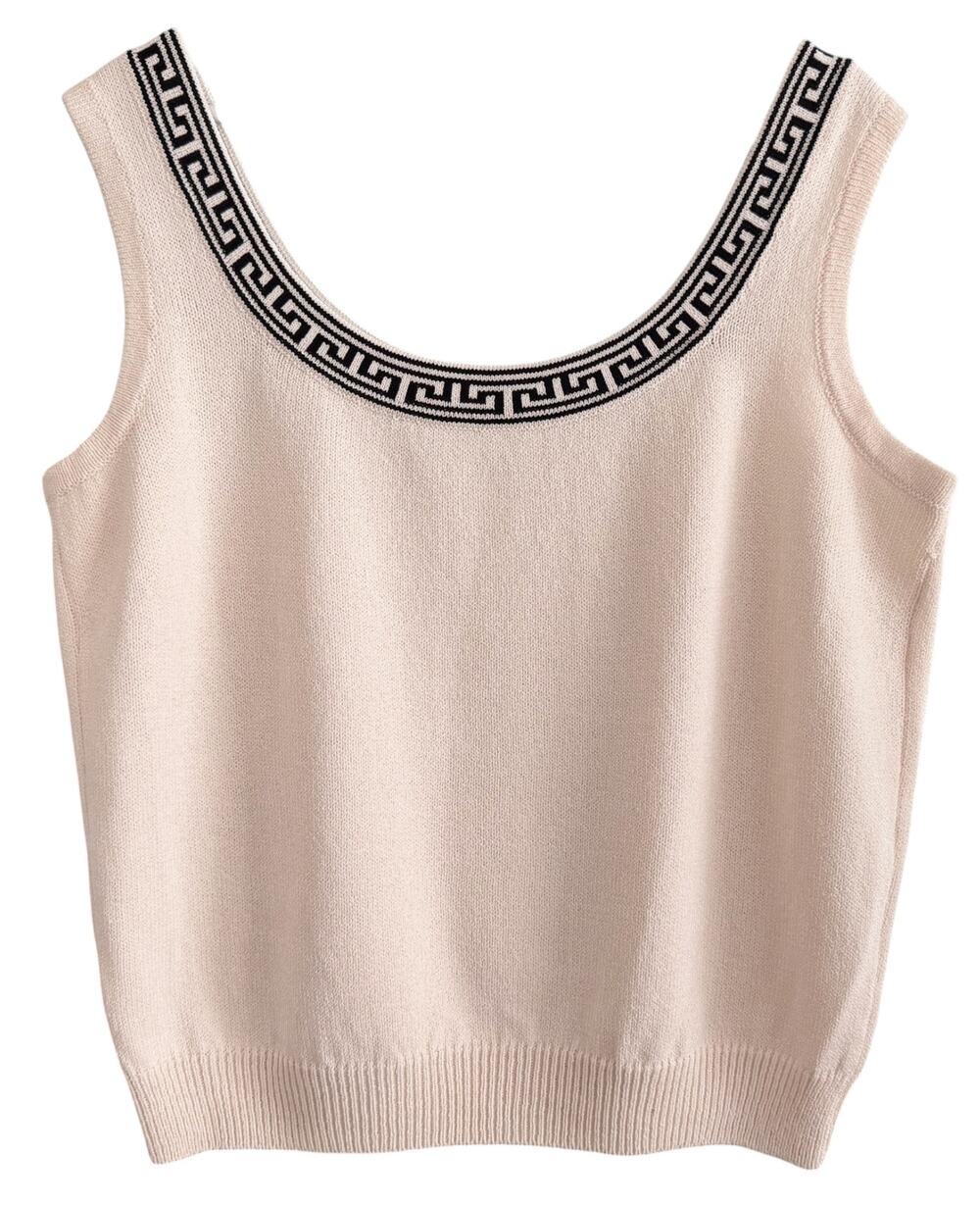 St. John Cream Santana Knit Shell Tank Greek Key Trim Sleeveless Top Large